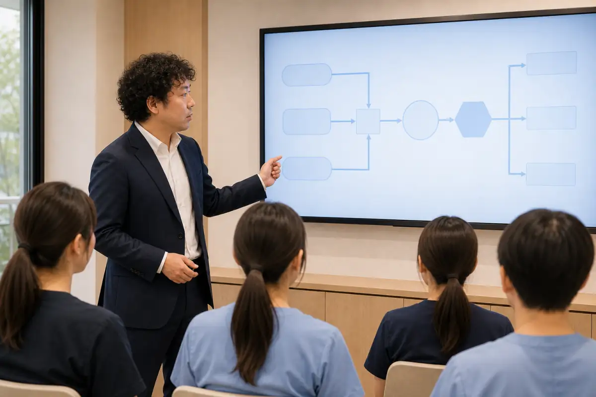 院内セミナーで資料を示しながら説明している様子
